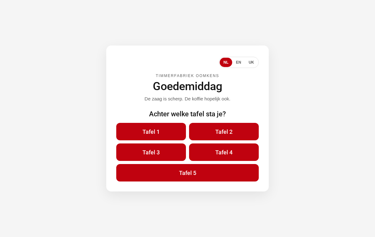 Welkomstscherm van VKBS met taalkeuze en de vraag achter welke tafel je staat